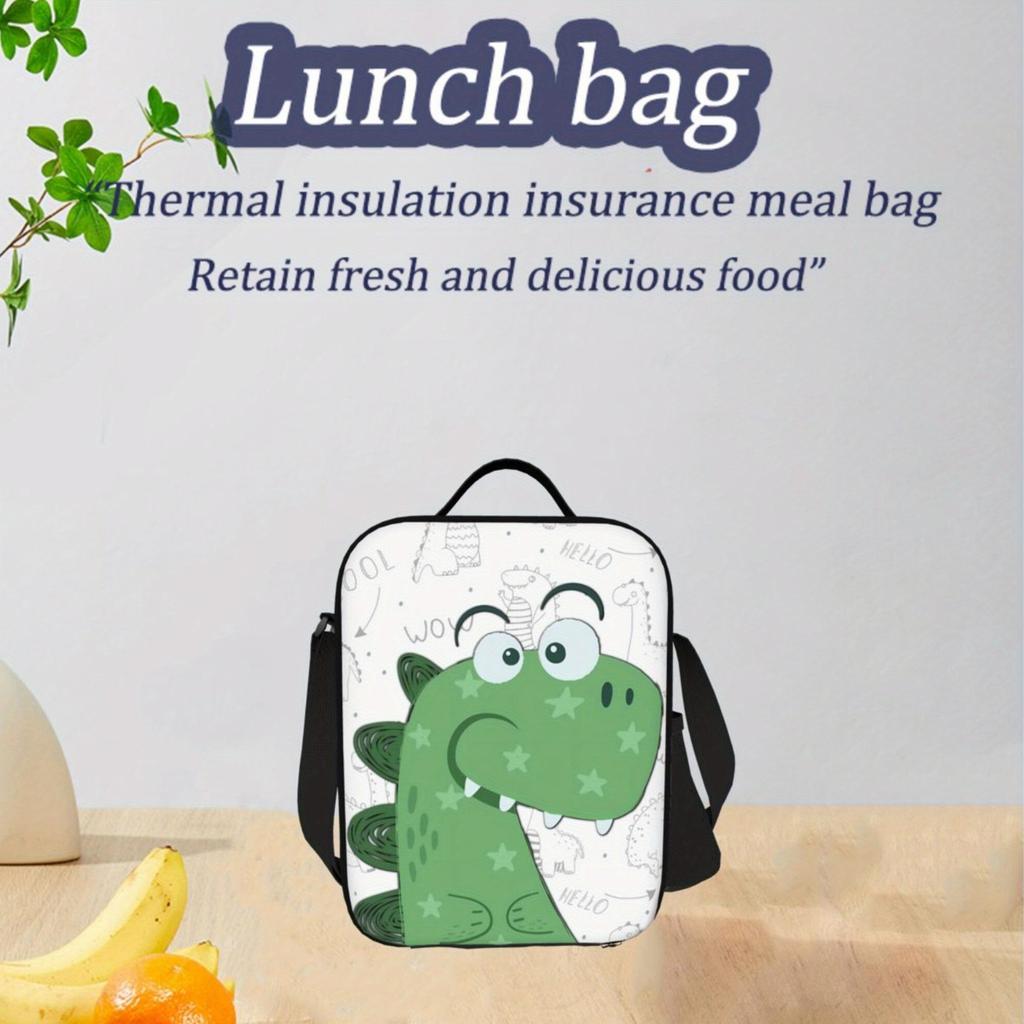 1pc Green Dinosaur Pattern Insulated Lunch Bag - Waterproof Polyester, Reusable Cooler with Playful Dinosaur Design,