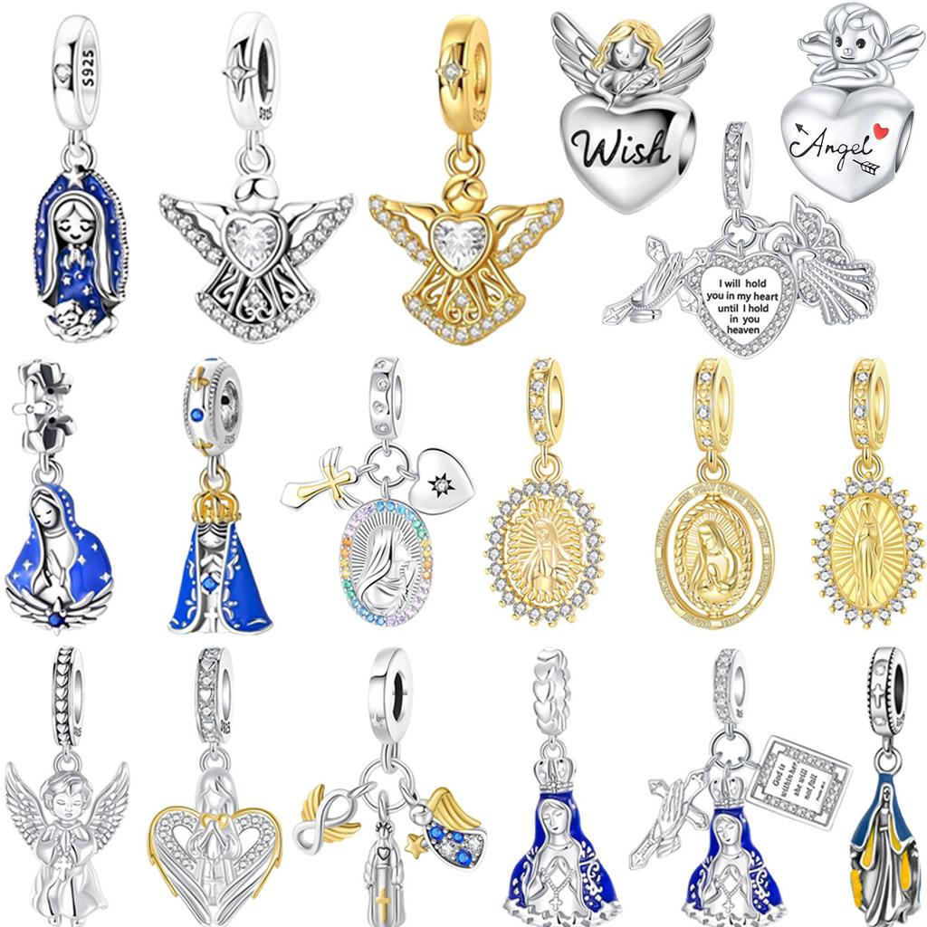 New 925 Silver Charms Angel Saint Cross Zircon Beads Pendant Bracelets Necklaces Womens DIY Jewelry Gift