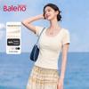 Baleno Women's U-Neck Button-Front Slim-Fit Short Sleeve T-Shirt