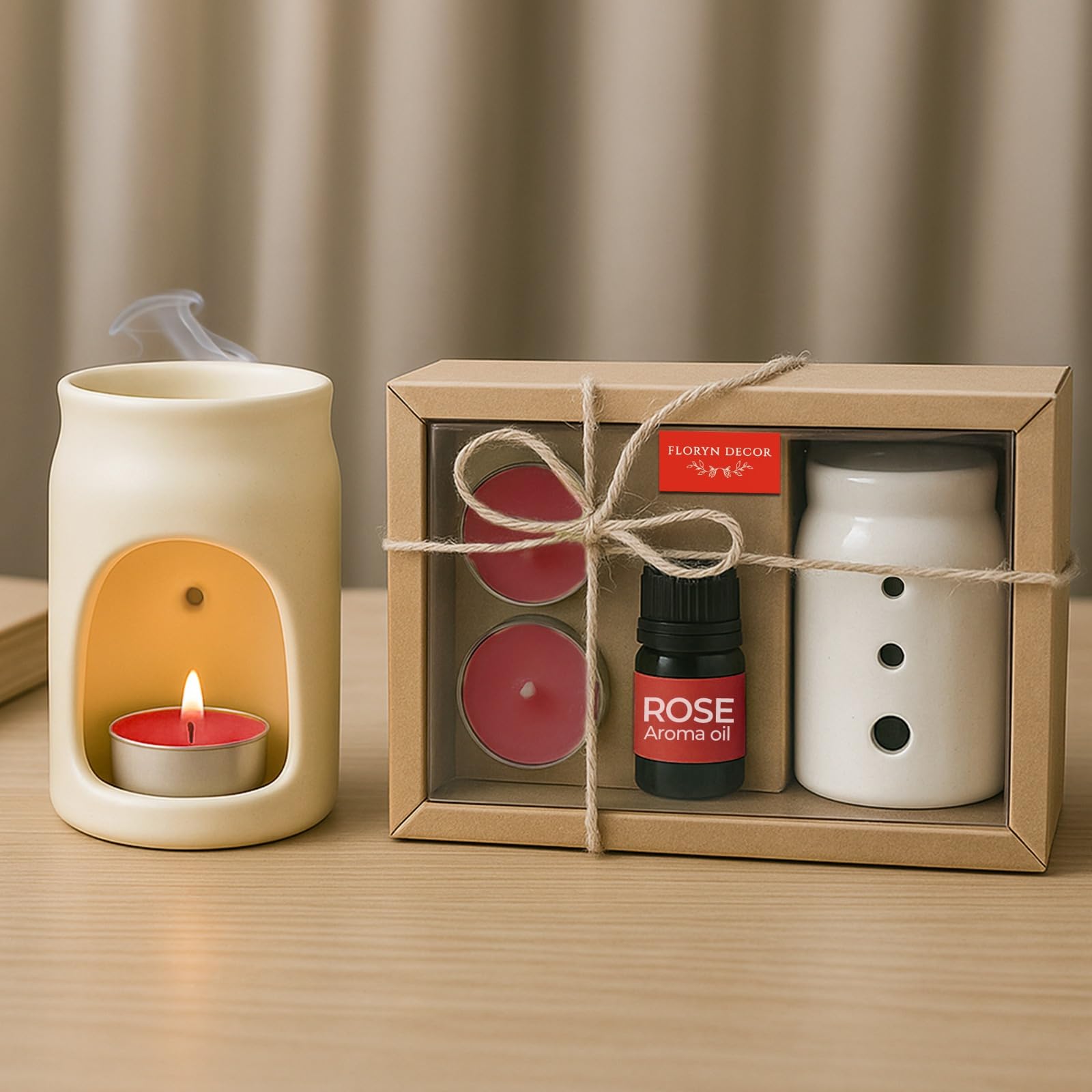 Floryn Decor Aroma Diffuser Set - Ceramic Oil Burner with 2 Tealight Candles & 10ml Essential Oil - Compact & Elegant Gift Set for Home, Bed