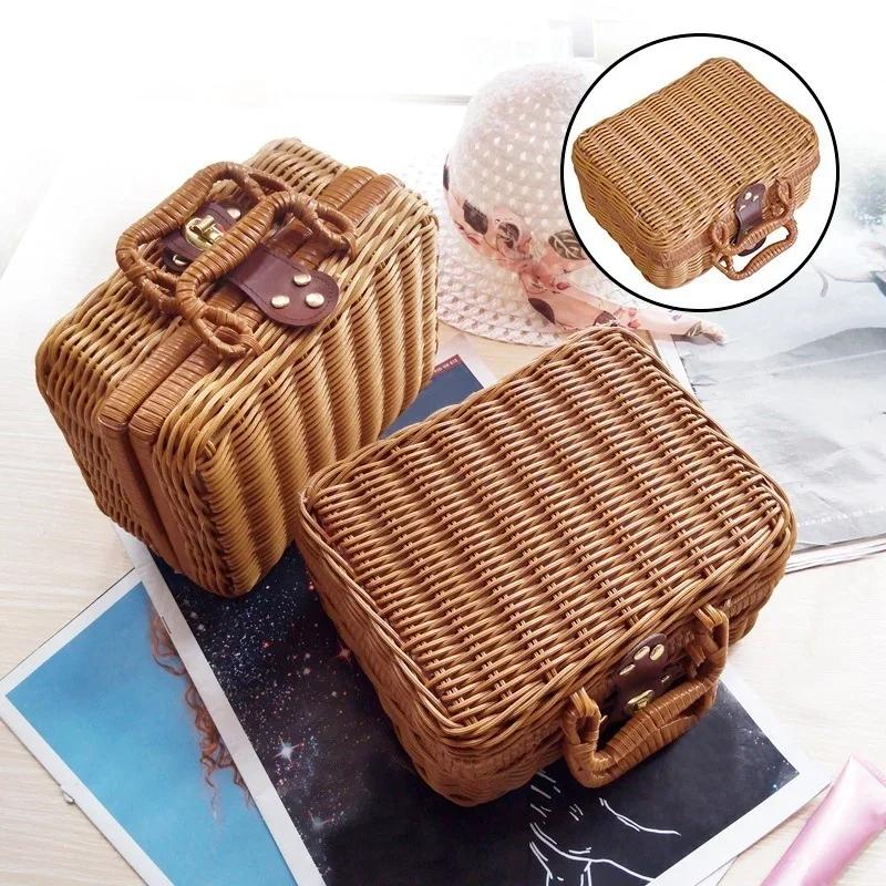 Hand-woven Rattan Wicker Basket Fruit Tea Snack Bread Baskets Cosmetics Rectangular Storage Box Household Kitchen Supplies