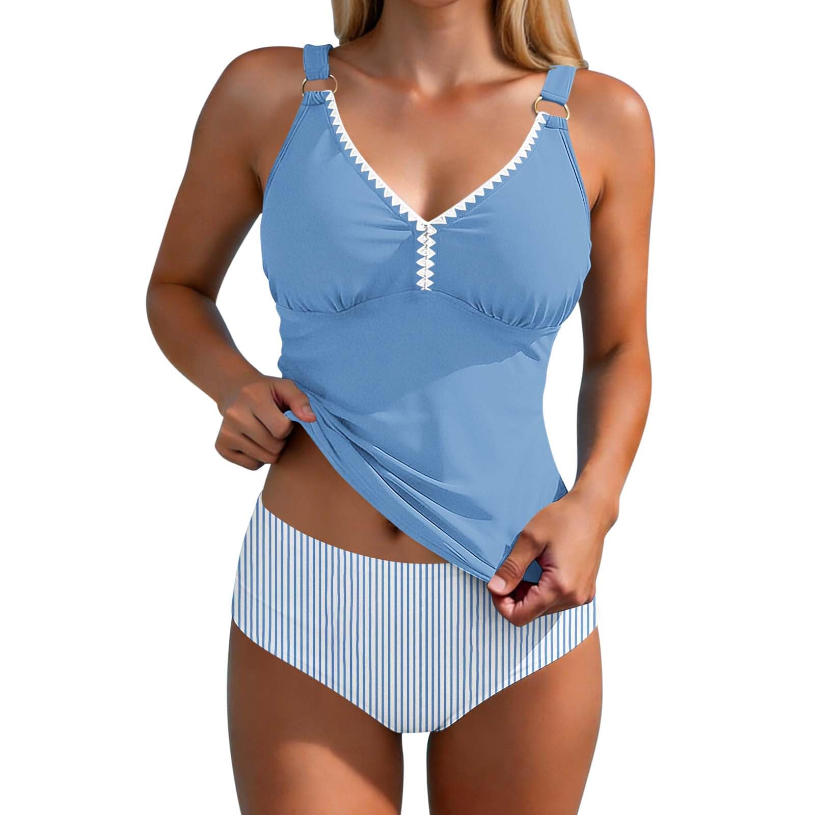 

Women Tankini Swimsuits Two Piece Tummy Control Bathing Suit V Neck Tankini Top with High Waisted Print Bottom Swimwear Set L синий