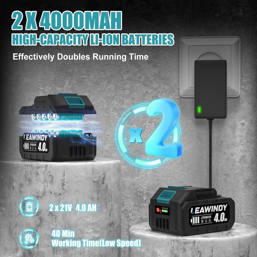 Leaf Blower Cordless, Electric Leaf Blower with 2 * 4.0Ah Batteries and Charger, 450 CFM/160 MPH Leaf Blowers & 6 Speed Levels