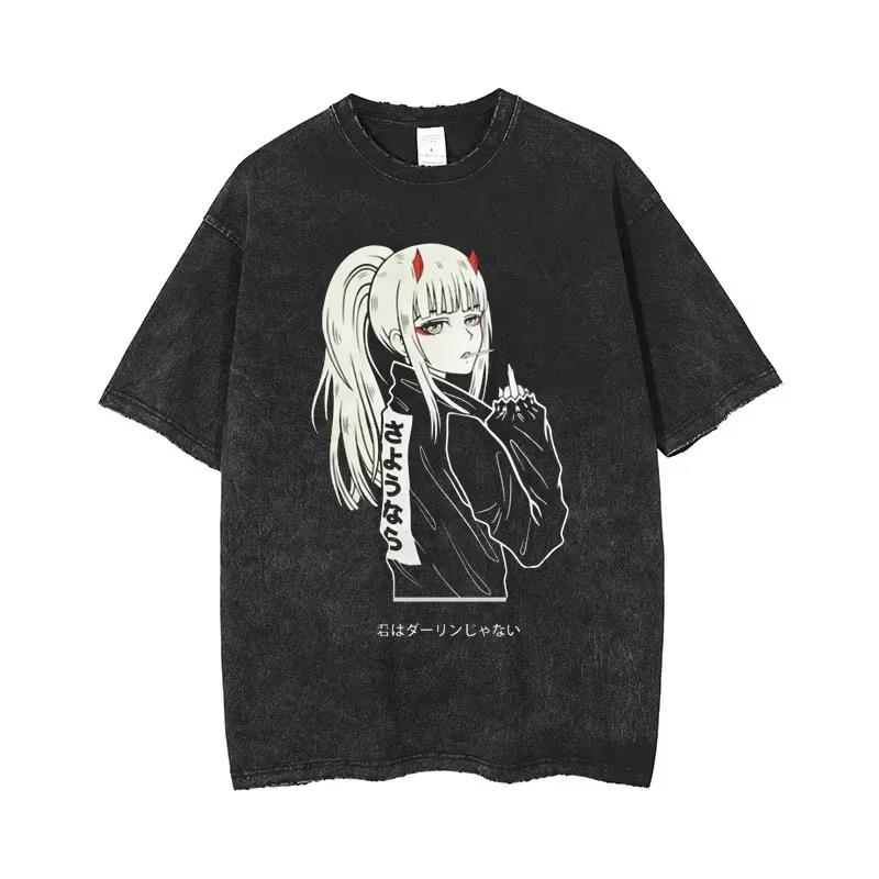 Heißer Verkauf Anime Zero Two DARLING in The FRANXX Manga Grafikdruck T-Shirt Herren Damen Vintage Gewaschen Rundhals Baumwolle Locker Lässig Übergröße Sommer Neues T-Shirt