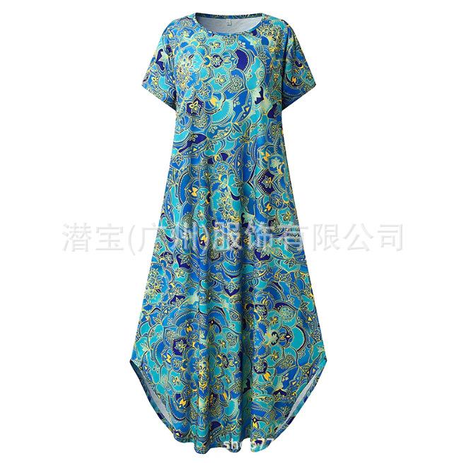 New European and American women's clothing summer round neck pocket printed dress