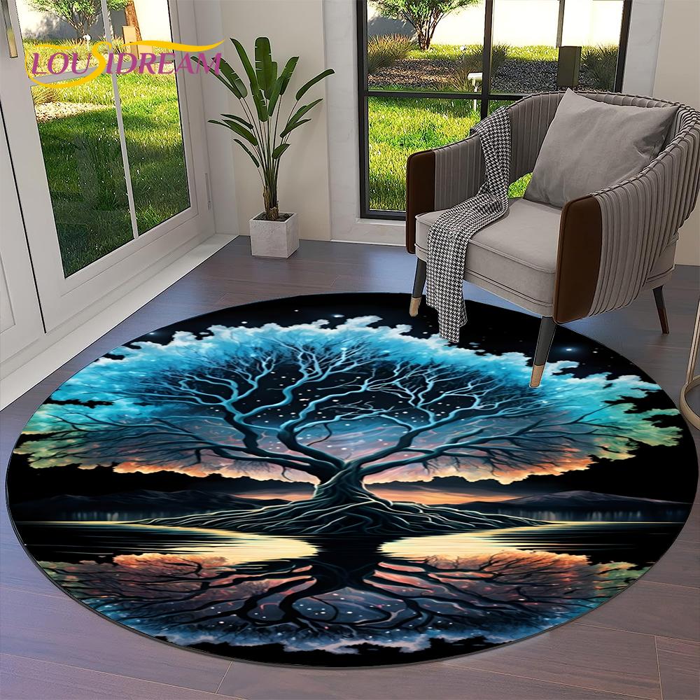 Tree of Life Viking Yggdrasil Valknut Round Carpet Rug for Living Room Bedroom Sofa Decor,Kid Paly Area Rug Non-slip Floor Mat