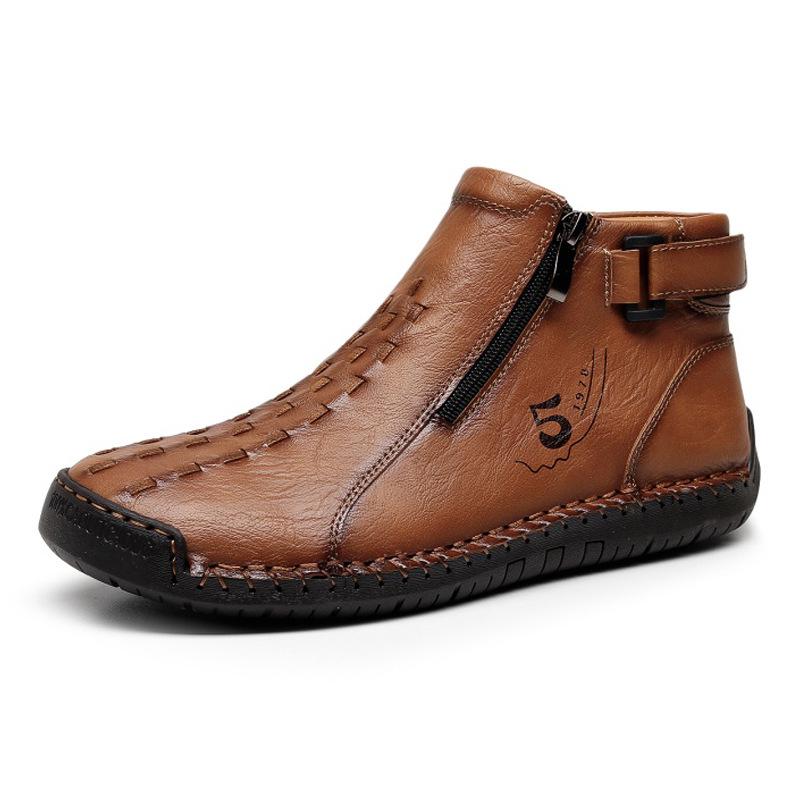 Men's Leather Side-Zip Martin Boots - Large Size, Spring/Autumn, Hand-Stitched, Outdoor Casual, Mid-Top Shoes