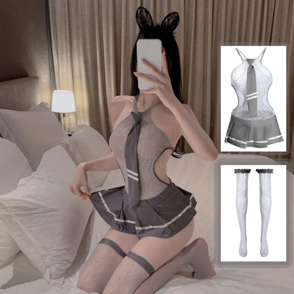 Sleeveless Mesh Hollow Nightgown Nightwear Women Lingerie Set JK Uniform Nightdress  Home