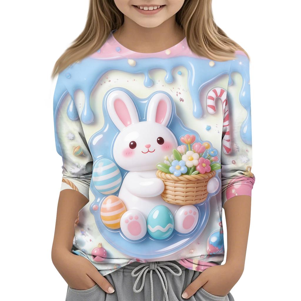 Children's Seven Quarter Sleeve Easter Print Round Neck Print Casual Top
