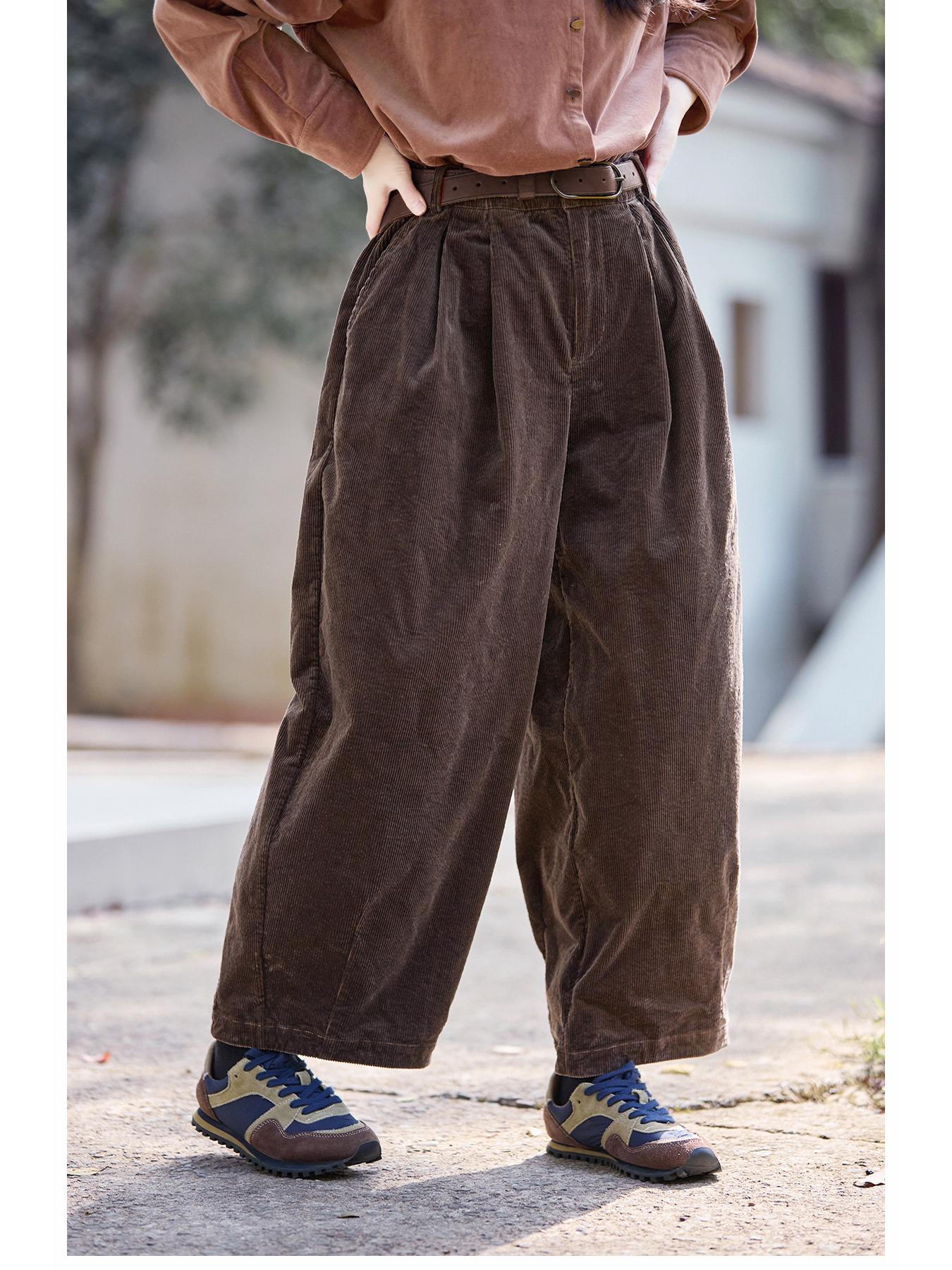 Winter Retro Chestnut Coffee Elastic Waist Corduroy Carrot Pants M