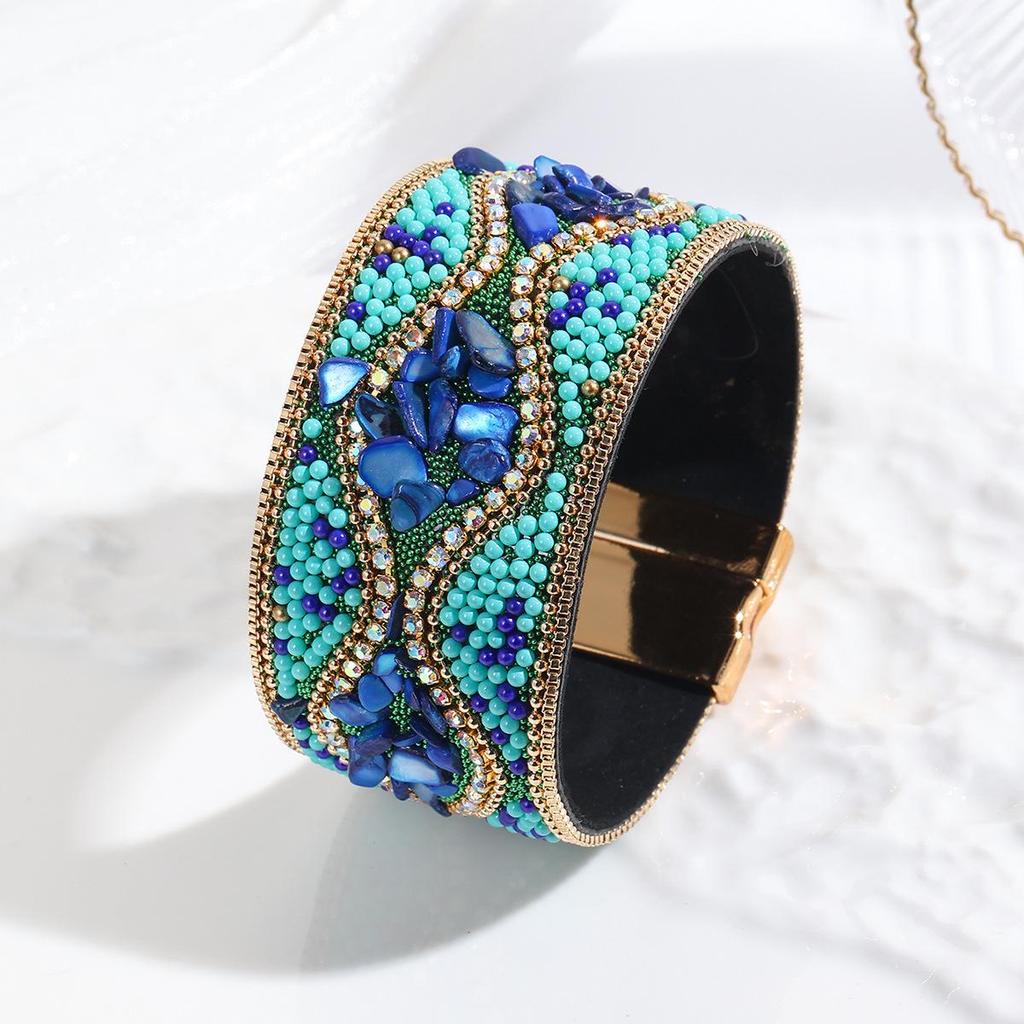 Cross-Border Bohemian Gemstone & Crushed Stone Bead Leather Bracelet for Women with Stainless Steel Magnetic Clasp