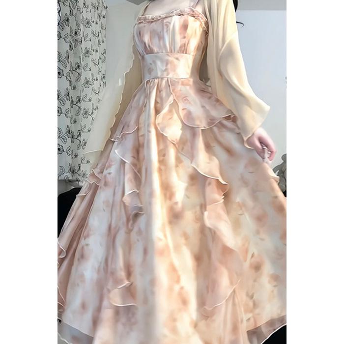 

Летнее платье с принтом масляной живописи, облегающее талию, с оборками, на бретелях-спагетти, и кардиган L