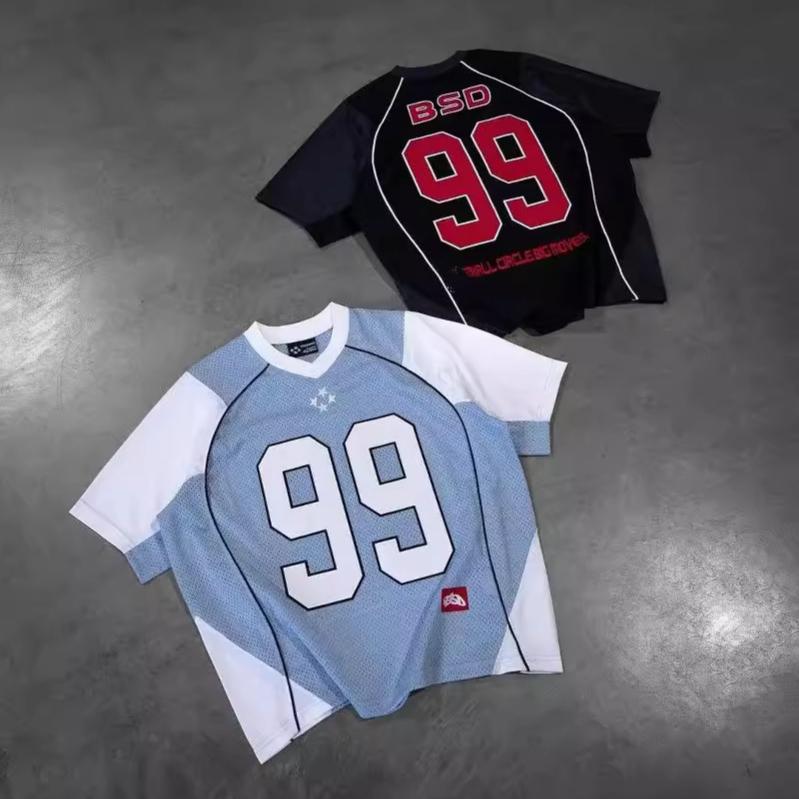 Top Retro Unisex Estivo Y2K con Inserti in Rete Stampa Numero 99 Sport High Street Hip-hop Maglia Manica Corta Larga Casual