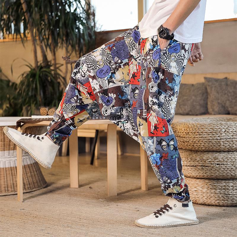 Men Harem Pants Print Retro Drop Crotch Joggers Trousers Men Baggy Loose Nepal Style Men Casual Pants