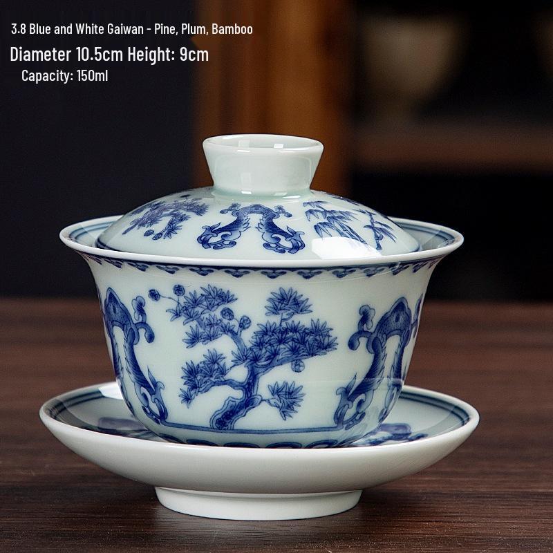 Large Blue & White Retro Sancai Gaiwan Ceramic Tea Cup with Infuser - Kung Fu Tea Set