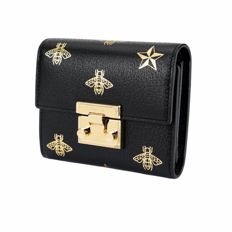 Gucci Padlock Metal Lock Bee Print Short Folding Leather Wallet Wallet Women's Black