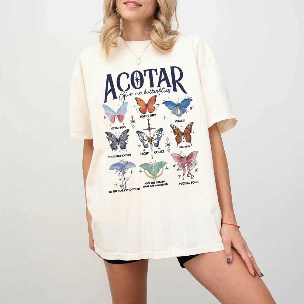 Damen Casual Acotar Schmetterlinge Komfort Unisex T-Shirt Für Fan Fantasy Lustig Acotar Gib Mir Schmetterlinge Outfit Buch T-Shirt Streetwear