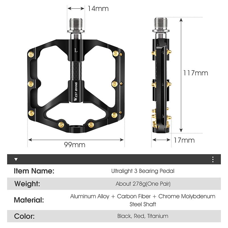 WEST BIKING Bicycle Pedal Three Bearing MTB Road Bicycle Pedal Aluminum Alloy Anti Slip Universal Bicycle Accessories