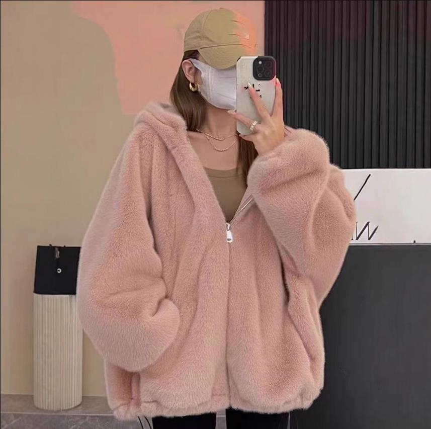 Giacca Maglione con Cappuccio Peloso da Donna Autunno Inverno Stile Coreano Vestibilità Larga Ispessito con Velluto