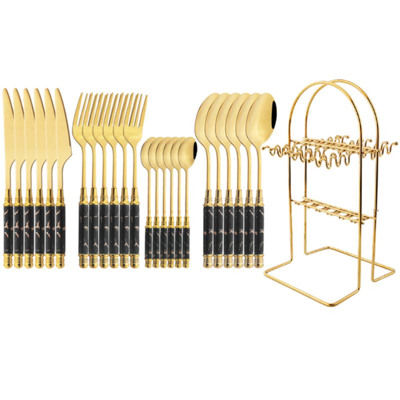 Juego de cubiertos dorados con mango de cerámica de imitación, vajilla de acero inoxidable 304, cuchillos, tenedores, cuchara con soporte para cubiertos, 24 Uds.