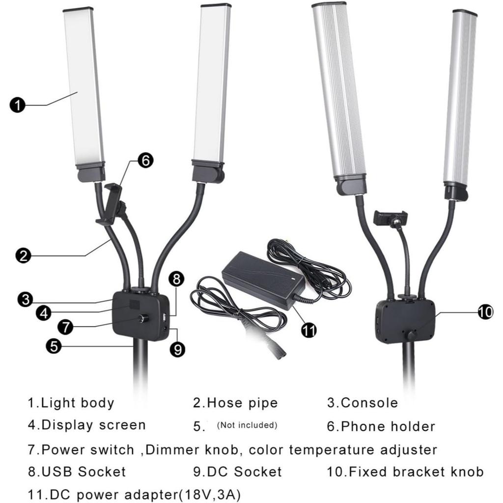 45W Flexible Double Arms LED Fill Light Beauty LED Ring Lamp Bi-Color Dimmable 3 light modes Photographic Selfie Lighting