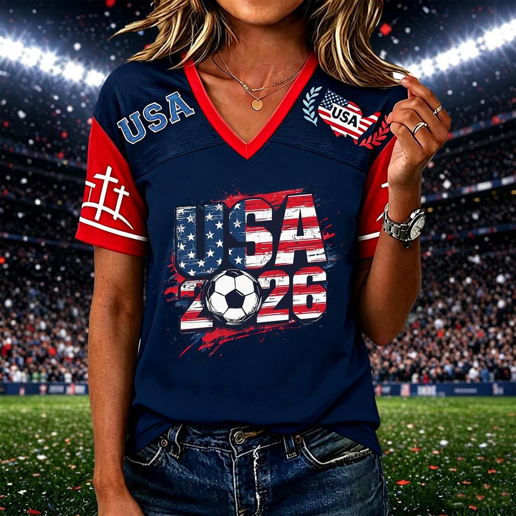 Women’s Casual Short Sleeve V Neck Pullover Top with USA 2026 Soccer Graphic Print Comfortable Loose Fit T Shirt for Daily Wear