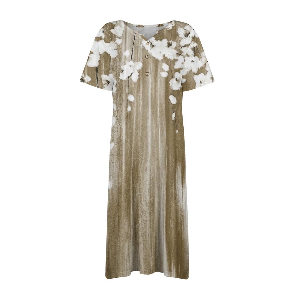 Women's Summer Casual Printed V-Neck Short-Sleeve Swing Dress