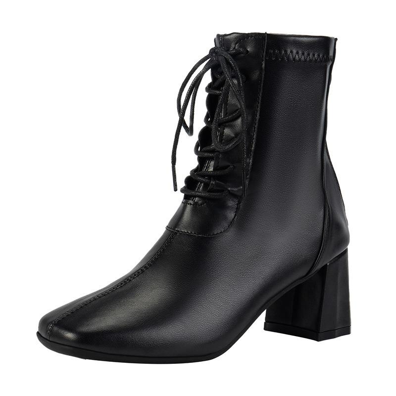 Large size square heel Martin boots women's new autumn and winter zipper lace-up short boots low tube high heel thin boots