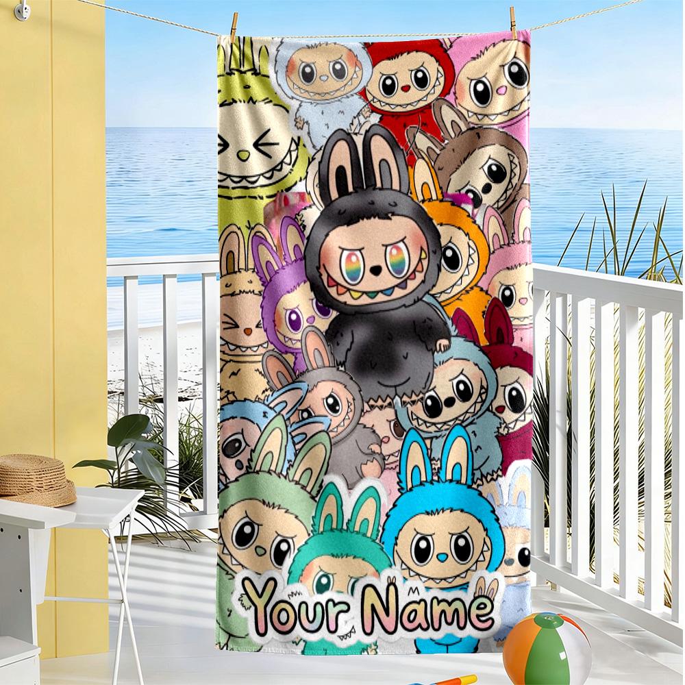 Labubu Customize Text Beach Towel Super Soft Microfiber Quickdry Fabric Perfect for Traveling Yoga Camping and Swimming