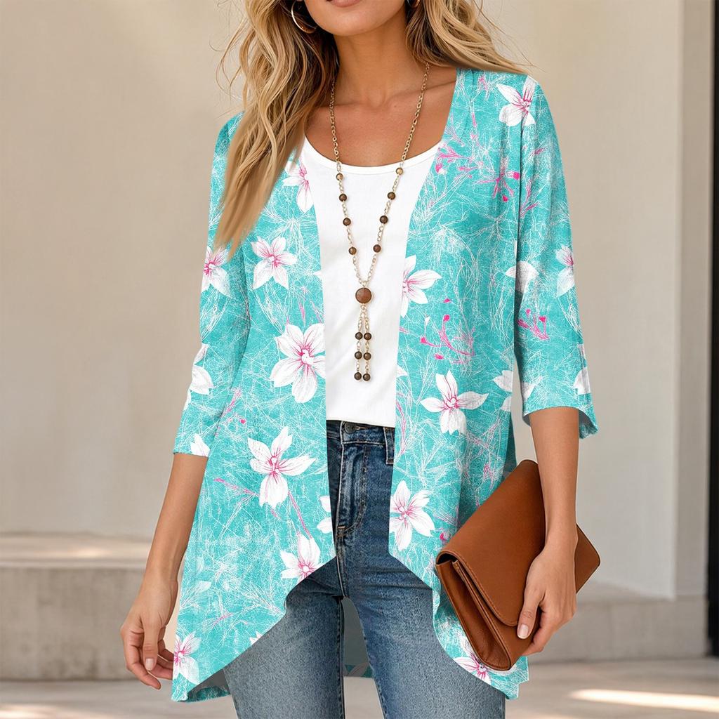 Women's Vintage Floral Print Three-Quarter Sleeve Lightweight Cardigan for Casual Daily Wear