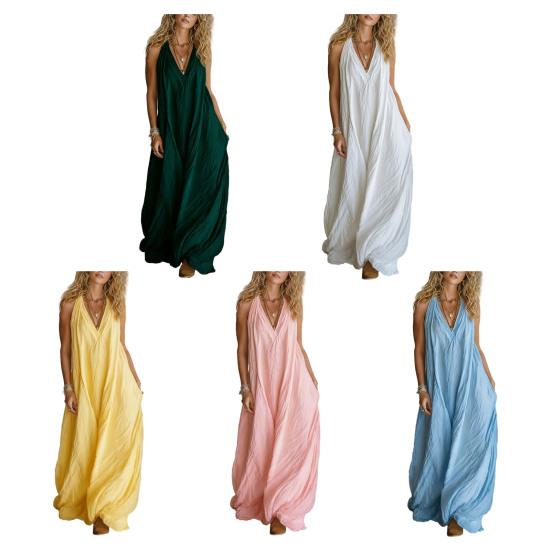 Ärmelloses Sommer-Maxikleid für Damen im Boho-Stil mit V-Ausschnitt, fließendem Muster, perfekt für Strandurlaub und Freizeit. Lässiges A-Linien-Kleid.