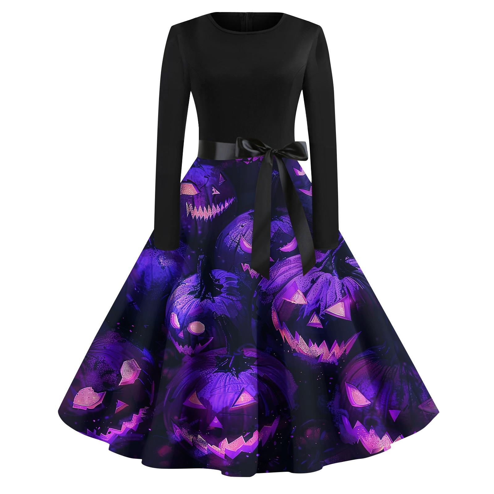 

Женское повседневное модное платье с длинным рукавом и принтом, вечернее повседневное платье с круглым вырезом XL фиолетовый