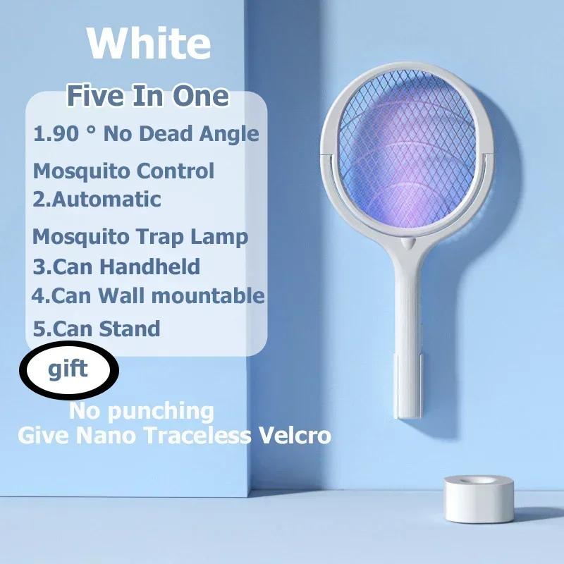 2025 5 IN 1 Electric Mosquito Swatter 365nm UV Light Killer Lamp Racket USB Charge Summer Fly Trap Bug Zapper Rotatable Shocker