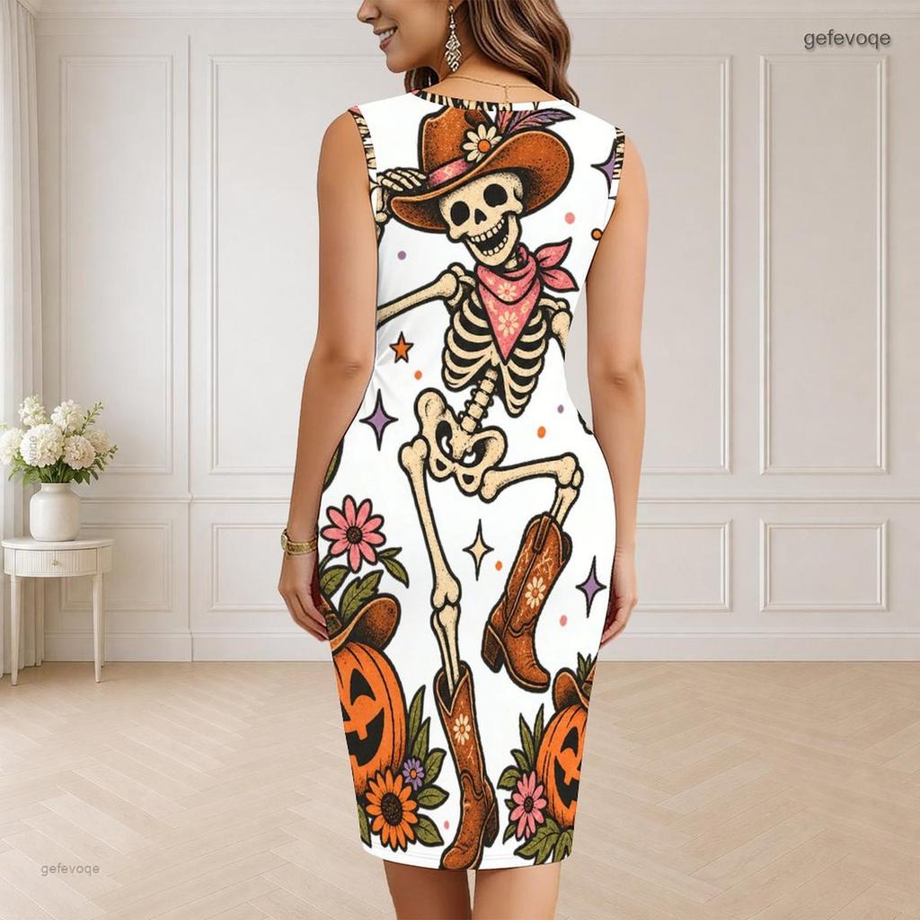 Women Plus Size V Neck Sleeveless Halloween Raccoon Print Bodycon Midi Dress
