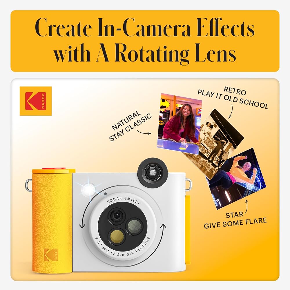 KODAK Smile+ 2-in-1 Digital Instant Print Camera & Wireless Bluetooth Photo Printer - 10MP, Special Effects Rotating Lens, Zink 2x3 Inch Adhesive Phot