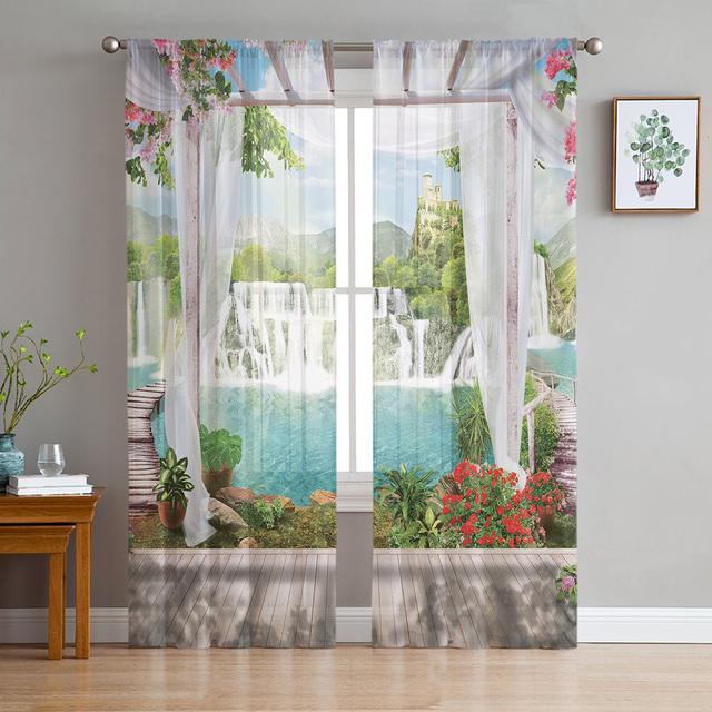 Hof Stadt Nacht Ansicht Tüll Vorhänge für Wohnzimmer Schlafzimmer Küche Dekor Transparent Chiffon Sheer Voile Fenster Vorhang