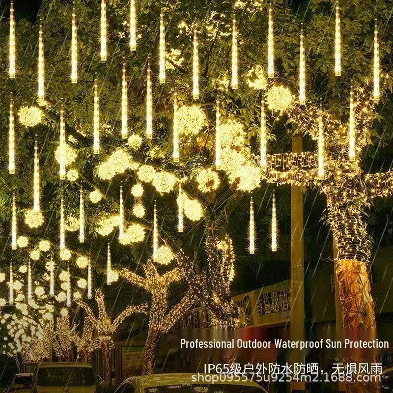 Outdoor Waterproof Meteor Shower LED String Lights - Seven-Color, Flashing Star Decorations for Night Markets and Trees