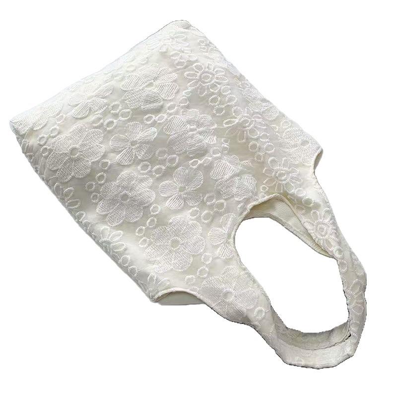 Milk white flower lace embroidered tote bag Korean fairy bag single shoulder student commuting large capacity tote bag