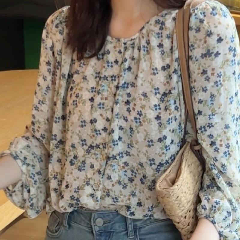 Fashionable, Fresh Chiffon Floral Long Sleeve Shirt for Women Spring and Summer New Casual Loose Puff Sleeve Top Trendy