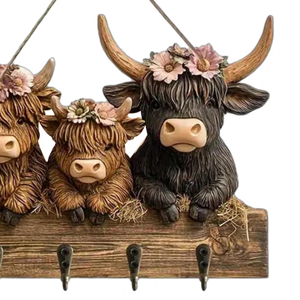 Wooden Cow Key Holder Highland Cow Ornaments Key Holder Wall Mounted Rustic 4 Hooks Cow Wall Decorative Rack Decorative Hooks