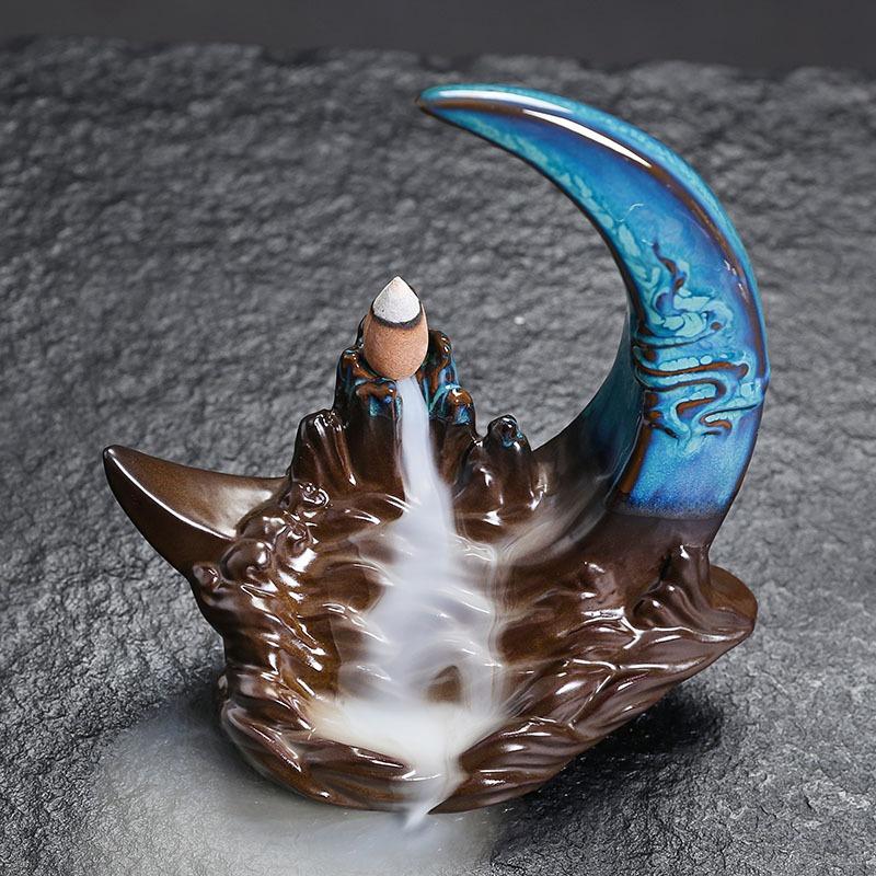 Mountain Moon Night Ceramic Backflow Incense Burner Zen Home Decor for Meditation Relaxation Aromatherapy Gift
