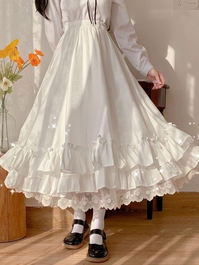 Women‘s Lace Long Skirt High Waist Bow Ruffled A-line Skirt Kawaii Japanese Style Vintage Clothing Spring Autumn