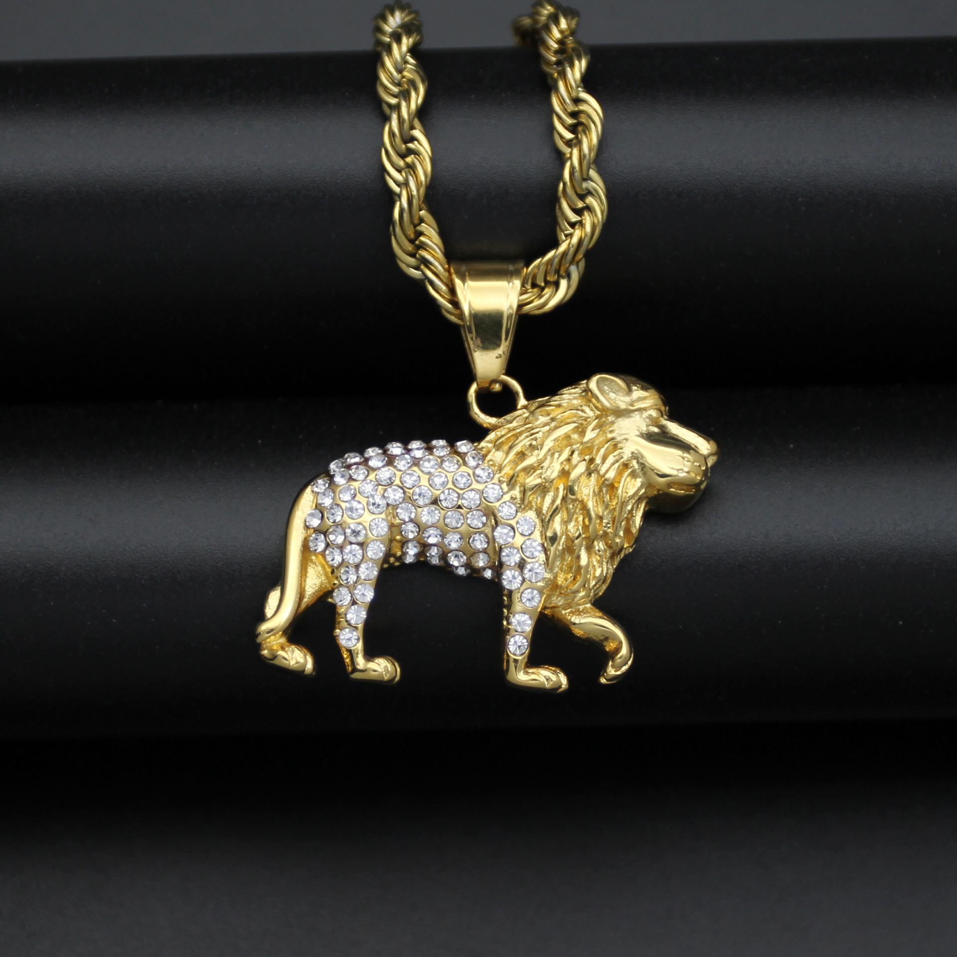 

New Classic Punk Gold Plated Lion Pendant Necklace with Rhinestone Men s High Quality Metal Rock Party Jewelry 60cm золотий