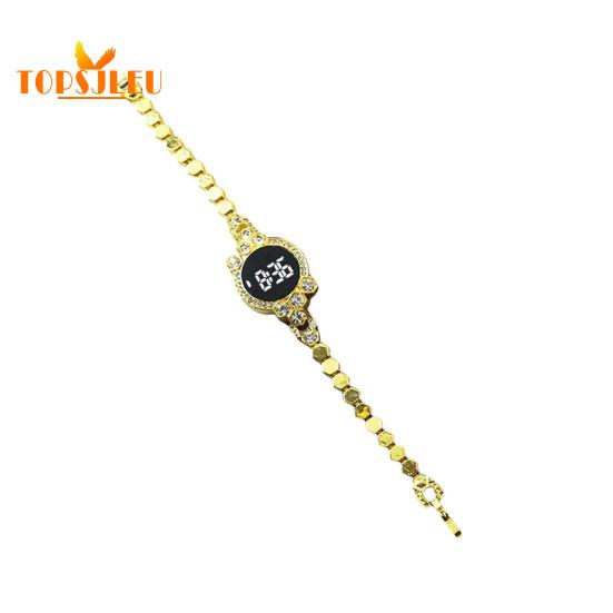 

Многофункциональные электронные часы с круглым циферблатом: Светодиодный цифровой дисплей, инкрустация блестящими стразами, ремешок-цепочка, дата и время, цепочка из сплава — идеальный подарок для пары золотистый