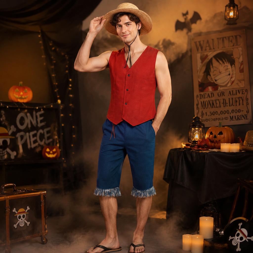 Costume Cosplay Monkey D Luffy pour Homme Adulte Tenue Anime Fête d'Halloween Gilet Rouge Short Chapeau de Paille Ensemble Corde