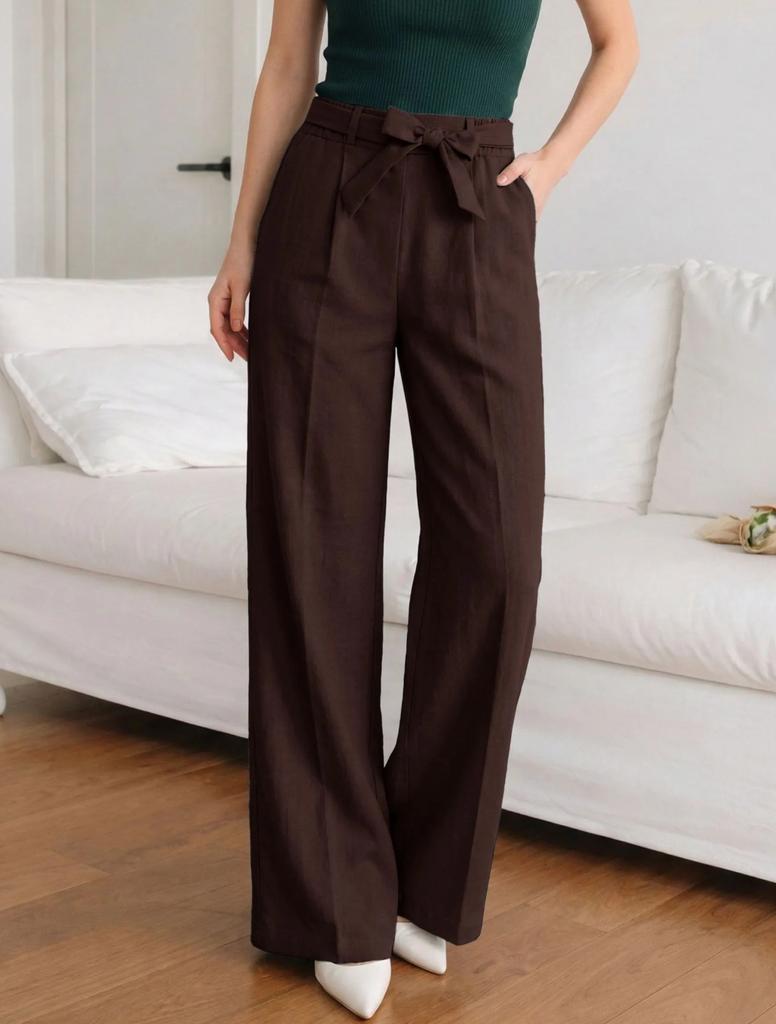 Women Tie Waist Wide Leg Pants Solid Color Casual Loose Fit Long Trousers