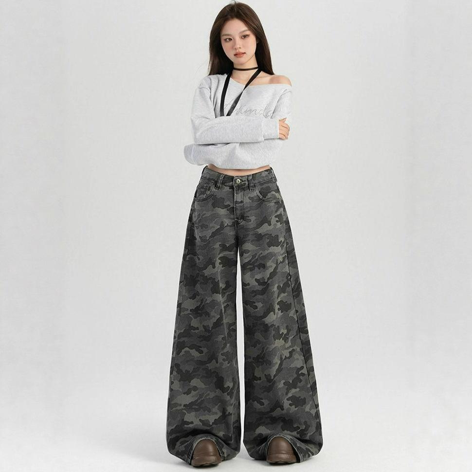 Comfortable Camouflage Jeans Women's Large Size Loose Peplum Trousers High Street Skinny Wide Leg Trousers Jeans for Women Long Denim Pants