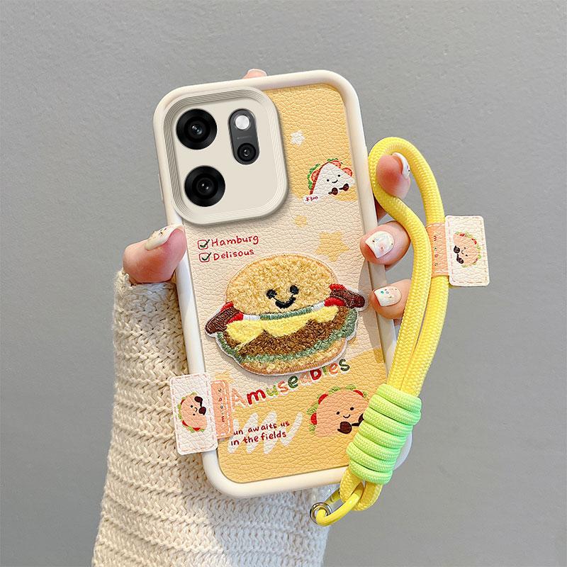 KEYSION Cartoon Cute Plush Embroidery Case for OPPO Reno14 F 5G with Lanyard Silicone Shockproof Phone Cover for OPPO Reno 14F 5G