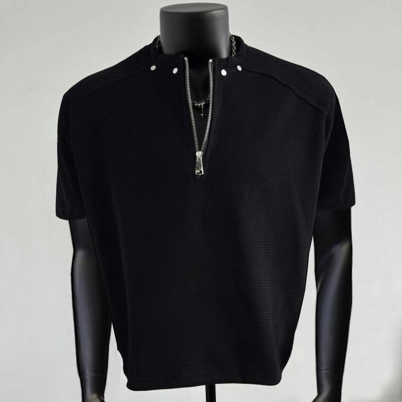 Summer Retro Rivet Half-Zip Short Sleeve Men's Clean Fit High-End  Swagger Trendy Brand T-Shirt Top