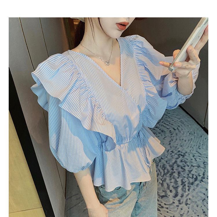 Women's Blue Striped Ruffle V-Neck Top - Short Sleeve Korean Style for Spring/Summer